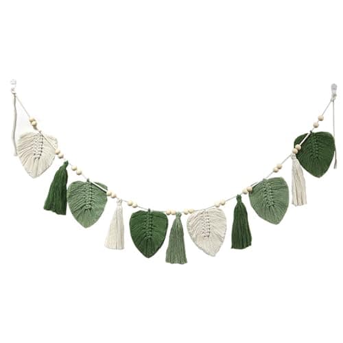 EXQUILEG Boho Decorative Macrame Wall Hanging, Woven Leaves Tapestry, Chic Tapestry, Fringe Garland for Bedroom, Living Room, Children's Room (Green)