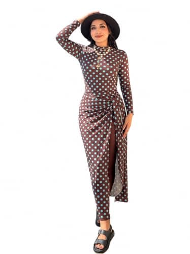 Women's Modest Burkini Swimsuit 5-Piece Set – Polka Dot Long Sleeve Top, Leggings, Skirt, Tied Maxi Sarong & Swim Cap From La Vie Model LV-BRK-224 Swimwear