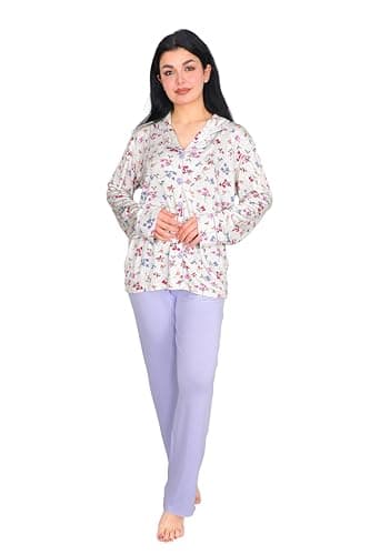 Women's Viscose Floral Print Button-Down Shirt and Pants - Mauve & Pink Pajama