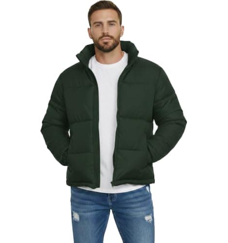 Men's Dark Green Puffer Jacket with Hood, Quilted Winter Coat, Stand Collar, Zip-Up