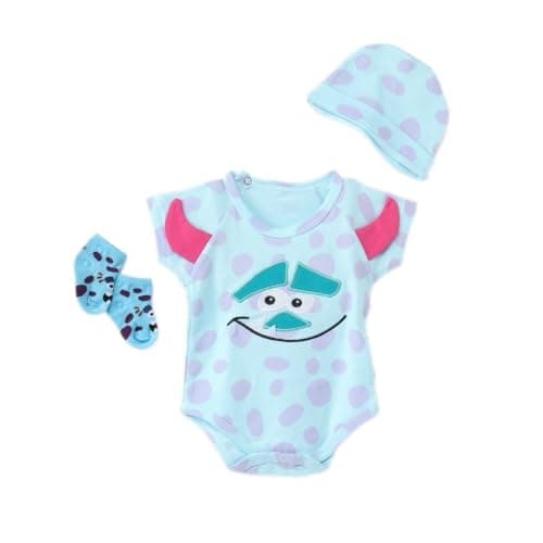 Bebic Bodysuit + Hat + Socks Set for Baby Boys - Baby 3-piece set: light blue Sully (Monsters Inc) bodysuit with pink horns Shirt