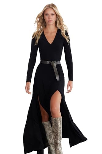 Trendyol Women Limited Edition Black V-Neck Skater/Waist Opening Stretchy Maxi Knitted Dress TWOAW25EL00299 Dress