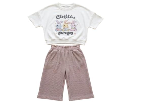 Billion Girls Cute Bunnies Graphic Short-Sleeve Top & Ribbed Wide-Leg Pants Set – Summer 2-Piece Outfit SG26-602 Coordinated outfit