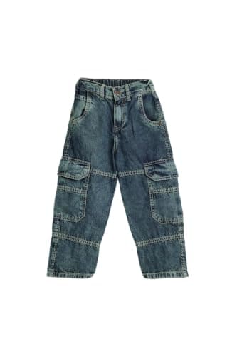 Junior Boys Baggy Denim Cargo Pants – Wide Leg Jeans with Elastic Waist, Drawstring Hem & Utility Side Pockets for Kids, DIRTY OLIVE, 12