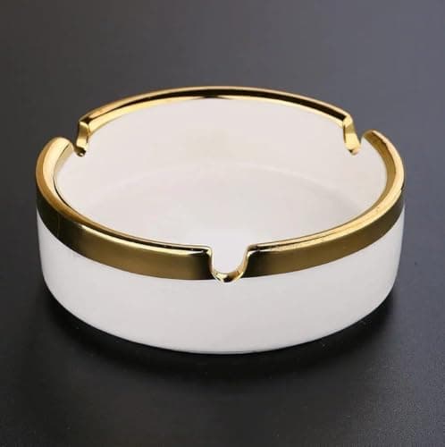 Generic Porcelain Ashtray with Gold Trim, White and Gold, Round Shape .soh