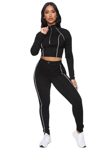 MIZAYEH Womens Fashion Athletic Set - Long Sleeve Zipper Crop Top + Side Stripe Leggings | Comfortable Workout Tracksuit Casual Wear for Girls and Women Track suit