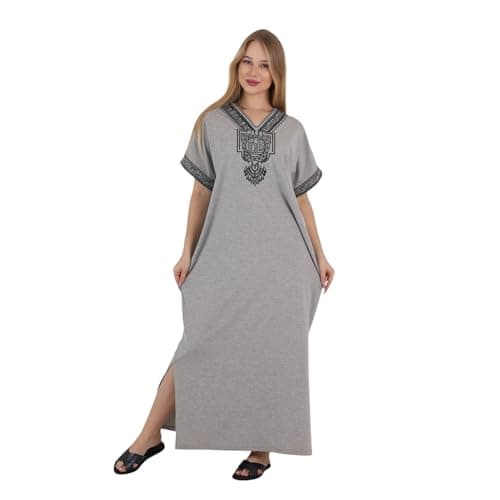 ZECOTEX Women’s Grey Cotton Embroidered Maxi Nightgown – Elegant | Loungewear Dress | Breathable Soft Fabric Homewear | Made in Egypt | Sizes M To 5XL Nightgown nightshirt