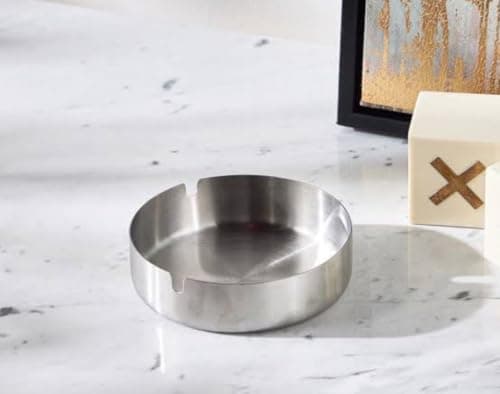 Generic Round Stainless Steel Ashtray, Silver, Small Size, U-Shaped Card Slots, Smooth Edge, Wire Drawing Finish, .flo