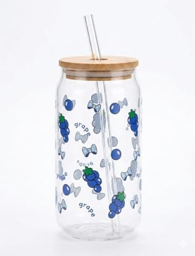 Generic Glass Can Cup With Bamboo Lid And Glass Straw, Fruit Print Soda Can Shape Drinking Glass, Reusable Clear Cup For Juice, Iced Coffee, Smoothies And Cold Drinks, Stylish And Eco Friendly Design.