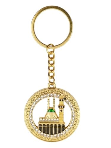 ميدالية مفاتيح بتصميم المسجد النبوي، قلادة دائرية بلون ذهبي ومينا ذهبي Keychain