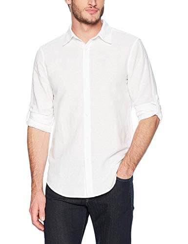 Perry Ellis Men's Slim Fit Solid Linen Cotton Roll Sleeve Shirt Button, Bright White, M