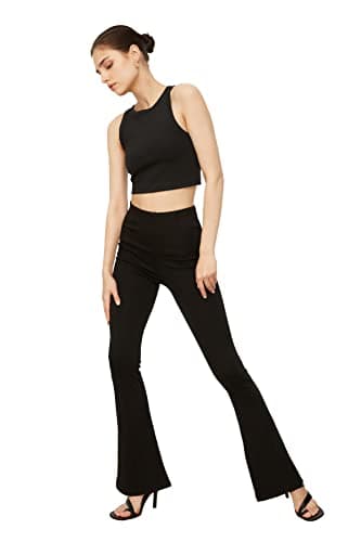 Trendyol Woman Black Elastic Waist, Ribbed Flare/Flare-Up High Waisted Knitted Leggings Trousers TWOAW22PL0107. Trousers Pants