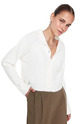 Trendyol Womens Ecru Crop Soft Textured Stand Collar Knitwear Cardigan TWOAW22HI0174 Cardigan (pack of 1) Sweater