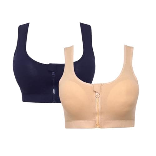 Kalia Women's Front Zip Sports Cotton Padded Bra, 2-Pack, Comfortable Wide Straps, Medium Impact Support