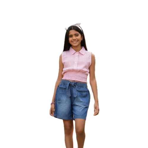 Pebeo Girls Sleeveless Striped Collar Elastic Belt Blouse | Crop Design, Classic Collar, Button Front, Children's Fit, Multiple Colors