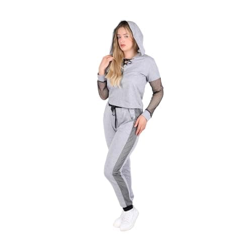 Dadoush Women's Hooded Sweatshirt, Grey with Black Mesh Details, Women's Athletic Pajamas, Track suit