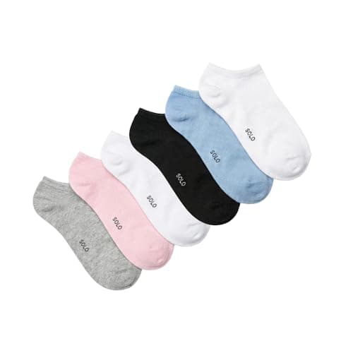Solo Women Ankle Socks, 6 Pack, Multi-Colour (Grey, Pink, White, Black, Blue), Low Cut CAMILA
