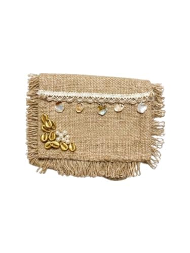 Burlap Bag for Women Small Beach Summer Beach Bag Shell Pearl Bohemian | Bohemian Design, Gold Shell Accents, Split Edges, Beach, Small Size Handbag