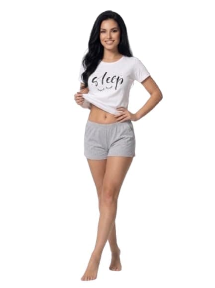 Louna Fashion Women's Pajama Set, White Sleep Graphic Tee with Grey Shorts | Short Sleeve Top, Elastic Waist Shorts, Loungewear Set, Casual Sleepwear, Two-Piece Set
