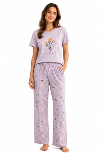 Nnoum Women's Pyjama Set, Pink Floral Print, Short Sleeve Top with Long Pants, Sizes XL-3XL Pajamas