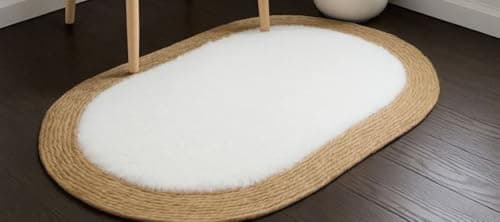 Generic Oval Faux Fur Rug, White, Soft Fluffy with Jute Border, 60x40 cm, .flo