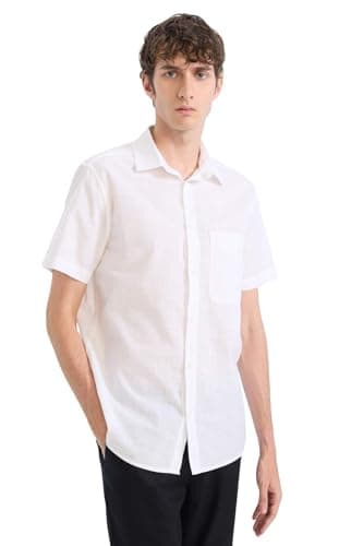 DeFacto Man Casual Regular Fit Polo Neck Short Sleeve Woven Top Short Sleeve Shirt D7551AX,White (WT34) S Orthopedic brace