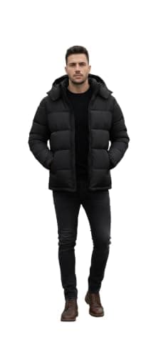 Men's Black Hooded Puffer Jacket, Quilted Winter Coat, Zip-Up Padded Outerwear