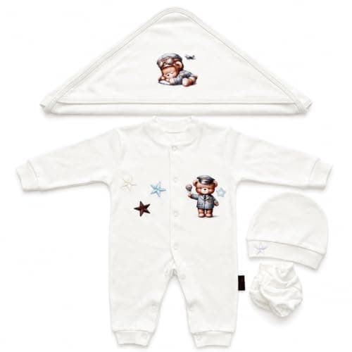 Baby Gift Set 4 Pieces, 100% Cotton Newborn Clothing Set with Sleepsuit, Hat, Mittens and Blanket, Soft Breathable Baby Essentials, Made in Egypt, Multiple Colors
