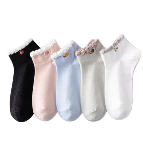 Women's Ankle Socks with Ruffle Trim, 3 Pairs, Multicolour | Embroidered Design, Low Cut Style, Soft Cotton Blend, Casual Everyday Wear, Assorted Colours