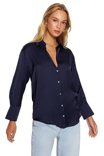 Trendyol Womens Navy Blue Oversize/Wide Fit Satin Woven Shirt TWOAW24GO00211 Shirt (pack of 1)