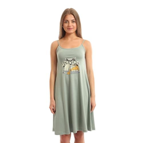 Andora Spaghetti Sleeves Printed "I Hate Mornings" Nightshirt - Sage Green_4XL