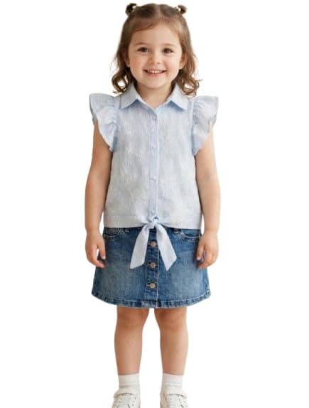 Girls' Ruffle Sleeve Button-Up Blouse with Waist Tie – Short Sleeve SG26-275 Shirt