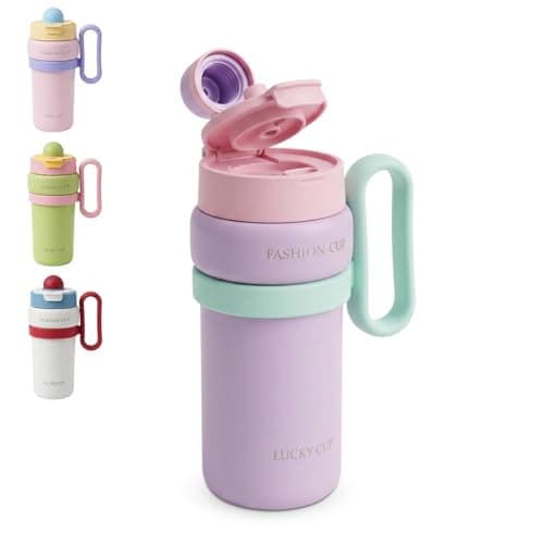 Travel Mug 900ml, Stainless Steel Vacuum Insulated Tumbler with Handle and Straw Lid, Leak-Resistant Cup for Hot and Cold Drinks, Car, Office and Gym, F-1544 (Purple) Drinking cup