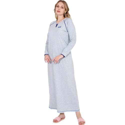 Summer Melange Lycra Long Nightgown for Women/Round-Neck Long Raglan Sleeves Abaya with Special Wake Up Embroidery on the Side/Cotton Fabrics for Comfortable Stay at Home Nightgown nightshirt