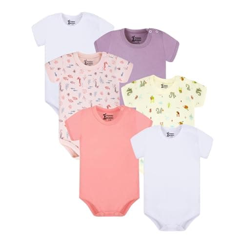 Funny Bunny Baby Bodysuits, 6-Pack Half Sleeve, Cotton, Mixed Prints and Solid Colours, Snap Closure Leotard