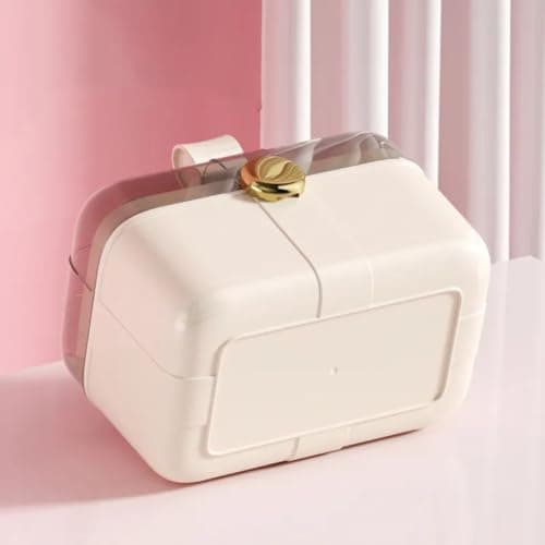 Generic Dressing table organizer with acrylic lid and bow handle., Holds hair clips, cosmetics, and perfume bottles. Two-tiered organizer; top shelf is removable. Beige color mk