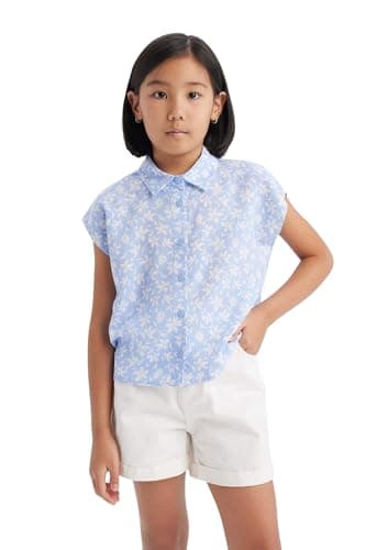 DeFacto Girl Casual Shirt & Sort Short Sleeve Woven Top Short Sleeve Shirt,Blue 9/10 Y