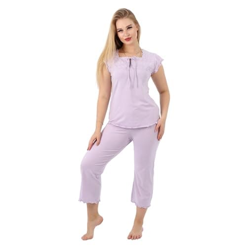 ZECOTEX Women's Cotton Bermuda Pajama Set with Embroidery | Short Sleeve Top and Pants | Sizes S to 3XL | Eid and Home Wear