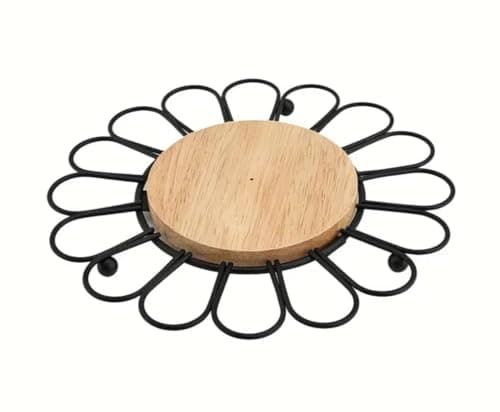 Generic Flower-Shaped Trivet Coaster, Black Metal and Wood, Waterproof Coating, Rust-Resistant, 20 cm, .sa