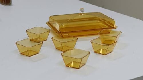 Generic Rectangular Acrylic Snack Dish with 6 Compartments and Lid, Honey Colour, Crystal Handle, .hd