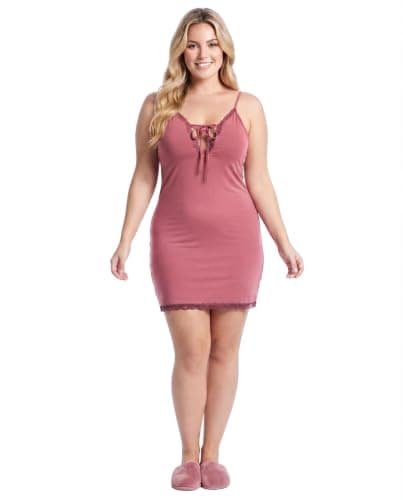 Women's Lace Trim Chemise Nightdress, Spaghetti Strap, Rose Pink | Lace-Up Neckline, Mini Length, Plus Size, Sleepwear, Soft Stretch Fabric
