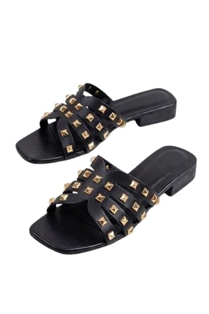 AL-MASA Women's Studded Slide Sandals, Multi-Strap with Gold Studs, Open Toe, Low Block Heel AL-3333