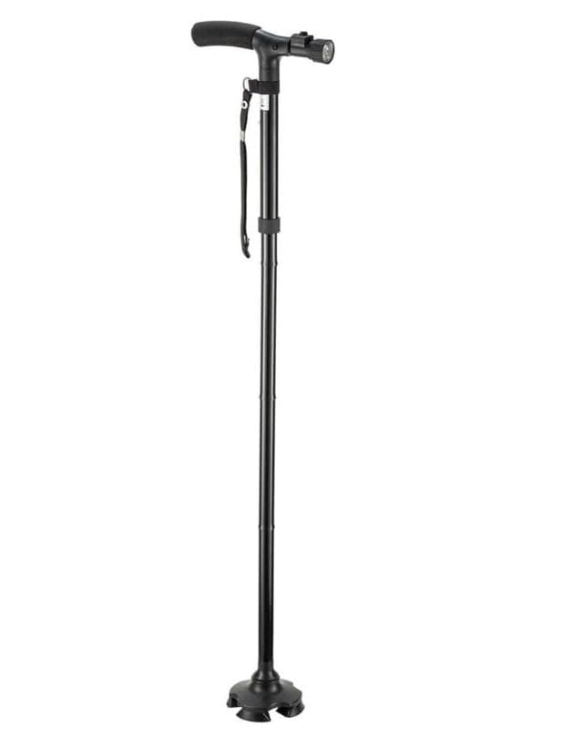 Walking Cane Adjustable Folding with LED Light, Quad Base Pivot, Ergonomic Rubber Handle, Portable Sturdy Support Stick for Seniors Men Women Hiking