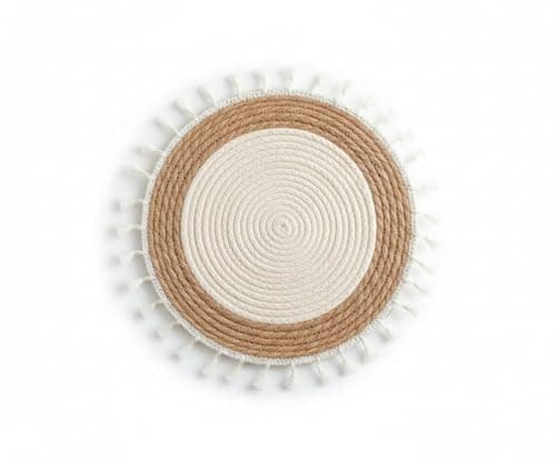 Round Natural Wicker Boho Coaster with Tassels Washable Thick Placemat
