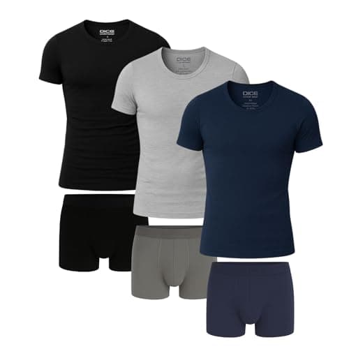 DICE Men's Cotton T-Shirts and Boxer Briefs Set, 3 T-Shirts in Black/Grey/Navy, 3 Boxers, Multipack Apparel