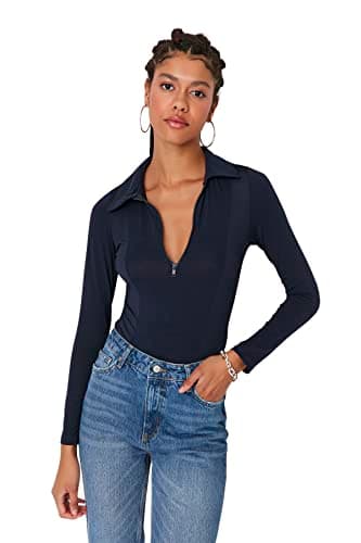 Trendyol Womens Brown Asymmetric Collar Long Sleeve Stretch Snap Knitted Body TWOAW22BD0080 Bodysuit (pack of 1) Leotard