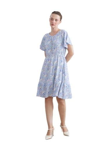 LC WAIKIKI Woman Crew Neck Floral Pleated Dress