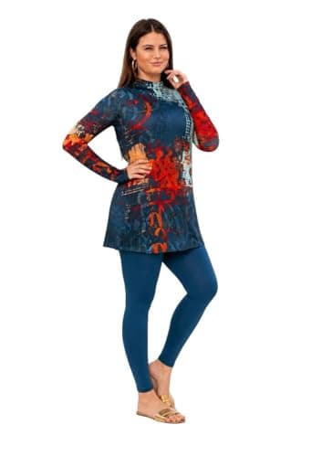 Women's 3 Piece Burkini Swimsuit Long Sleeve Tunic with Legging and Bonnet Quick Dry Stretch Fabric Fashion Graphic Print Swimwear for Beach and Basin