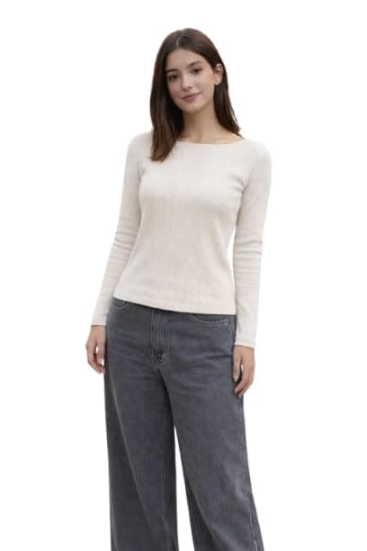 Ajyal Women Long Sleeve Top, Boat Neck Ribbed Knit Shirt, Cotton Material