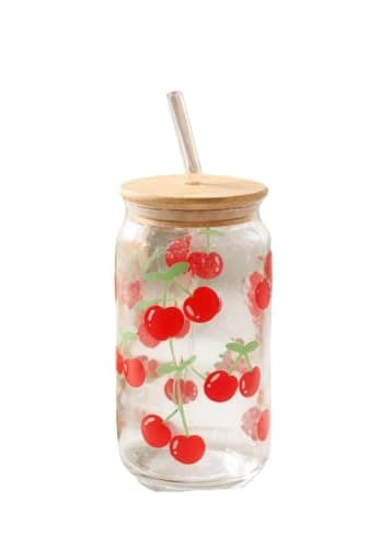 Next Store Cherry Glass Mug with Wood Lid, Clear Wine Cup with Straw, Cold Coffee Cup, Summer Juice Cup Drinking cup